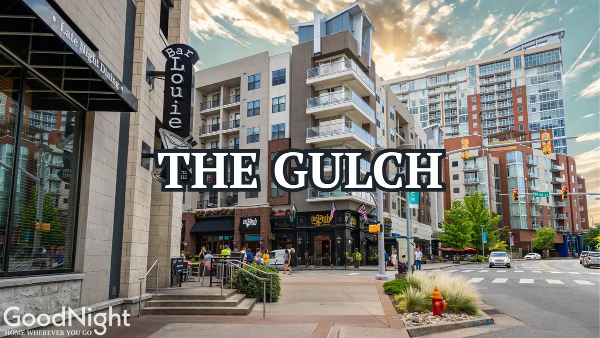 A lively exterior showing Bar Louie signage, bustling pedestrian activity, and modern buildings in The Gulch. The scene is dynamic and social, evoking the trendy eateries and nightlife described in the narrative.