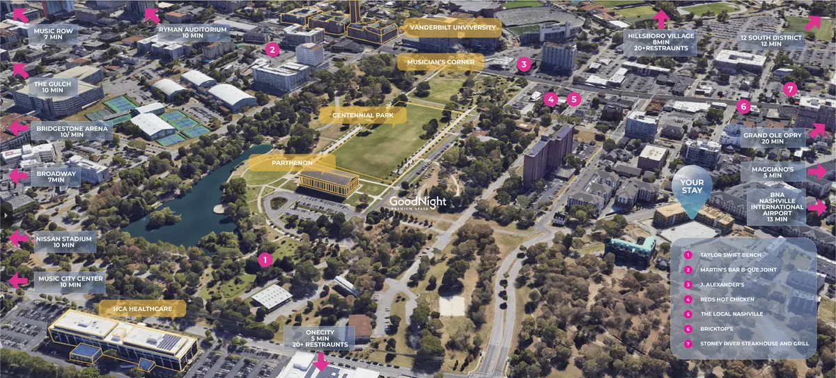This image provides a sweeping view of Centennial Park and several Nashville landmarks, capturing the lush greenery and vibrant urban atmosphere. The park is highlighted in the foreground, with cultural and entertainment destinations like Vanderbilt University and Music Row visible in the distance.