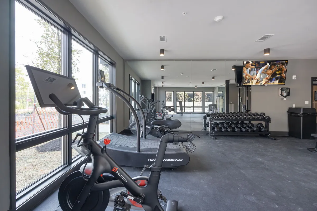 A modern fitness center featuring a Peloton bike, treadmill, dumbbells, and large windows with ample natural light. The TV screen and sleek equipment create an energizing, contemporary workout space.