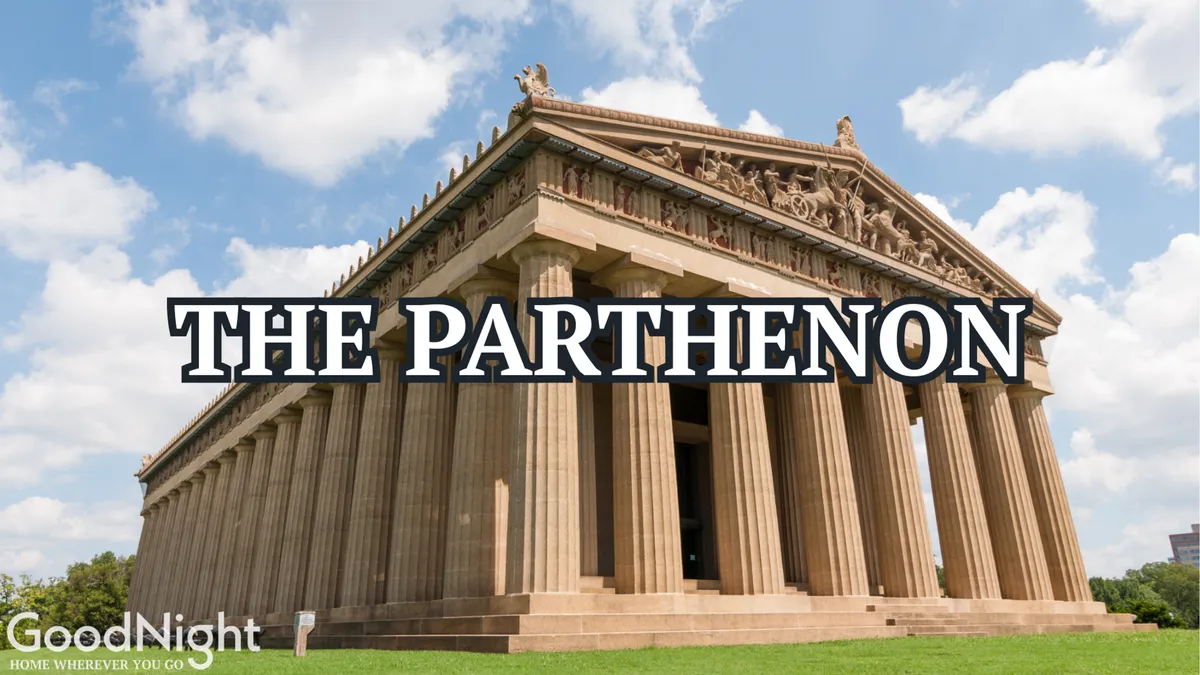 The image displays the iconic Parthenon structure, complete with towering columns and intricate sculptural details, situated in Centennial Park. The area is bathed in natural light, inviting exploration and providing a sense of grandeur and history.