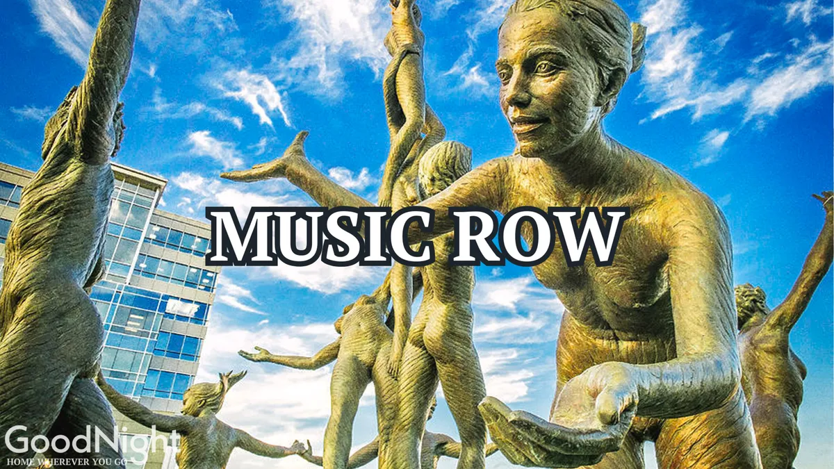 An exterior shot featuring bronze sculptures and the text overlay 'MUSIC ROW', set against an open sky—emphasizing Nashville’s musical heritage and popular destinations.