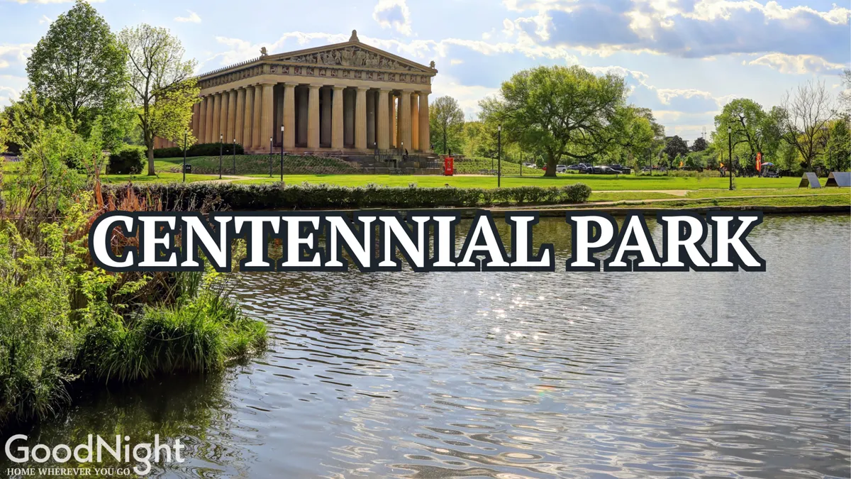 An inviting view of Centennial Park, with the iconic Parthenon replica, reflective water, and lush greenery drawing attention to one of Nashville’s most famous outdoor attractions. The scene captures both serenity and activity, ideal for walking, photography, or picnics.